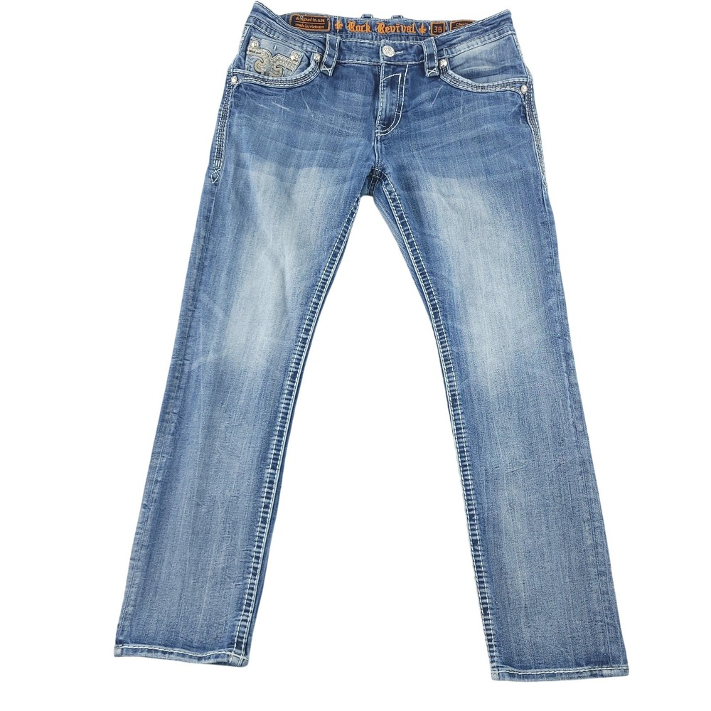 Rock Revival Chante Straight Jeans Mens 36x32 Blue Medium Wash Embroidered Denim